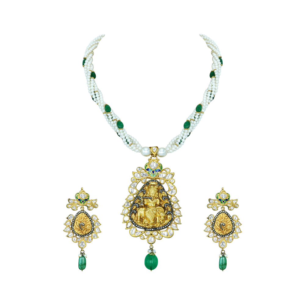 Krishna Polki Pendant Necklace Set with Pearls, Emeralds and Enamel